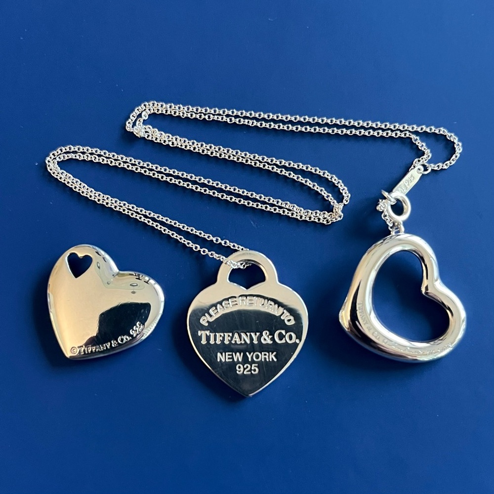 Tiffany & Co. Sterling Silver Heart Pendant x3 with 18 inch Cable Chain Necklace - Picture 2 of 10